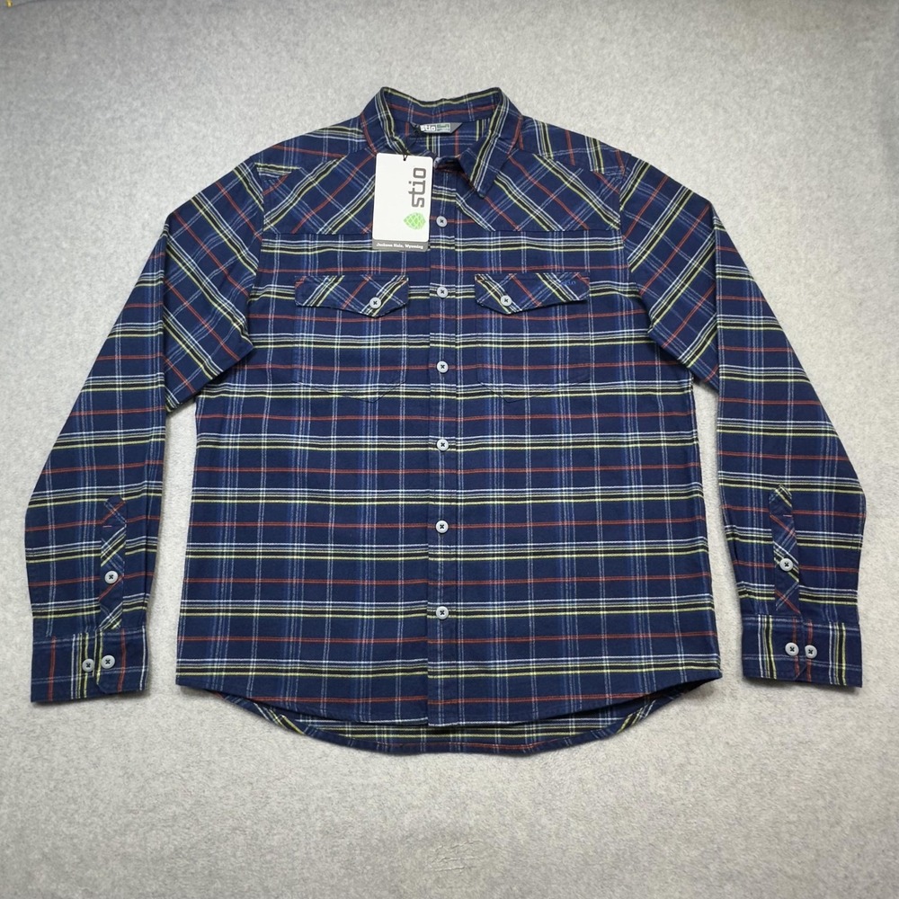 Stio Junction Midweight Flannel Shirt Mens Large Blue Plaid Long Sleeve Outdoor